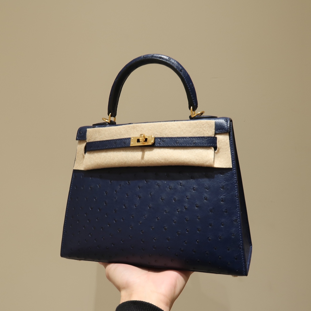 Hermes Kelly 25cm Handbag Shoulder Bag in Dark Blue Ostrich Leather